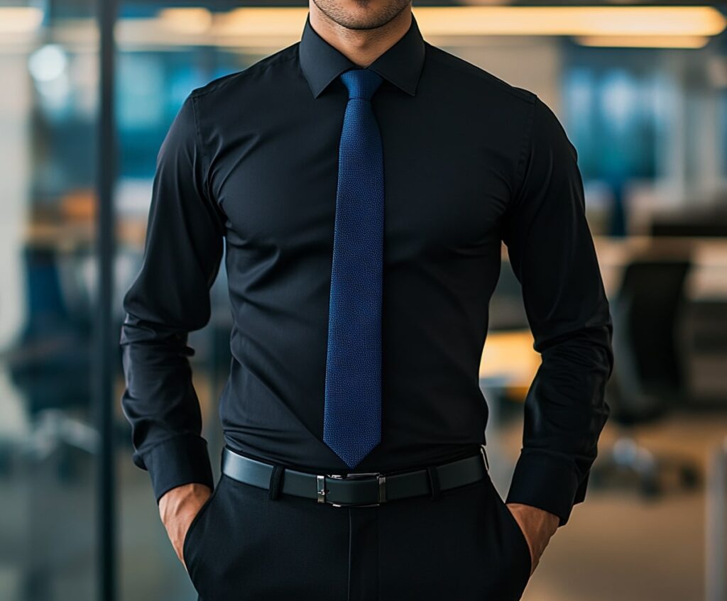 Man in black dress shirt and blue tie in a modern office.