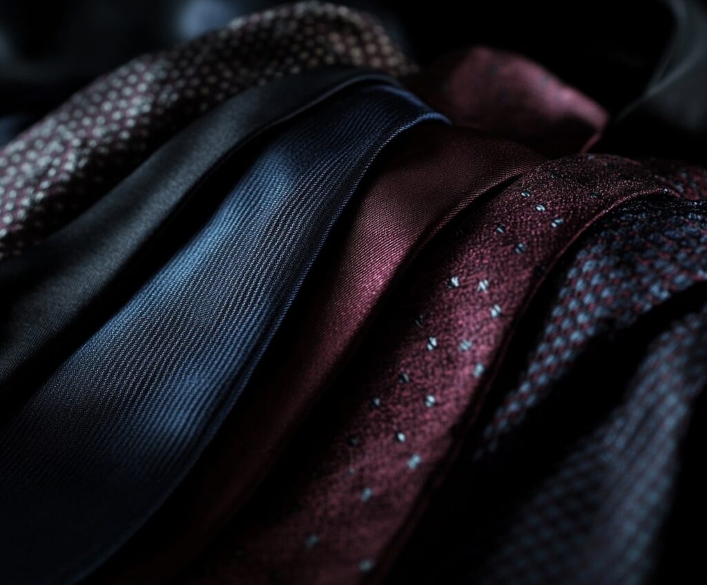 Close-up of dark ties on a black dress shirt showcasing color options.