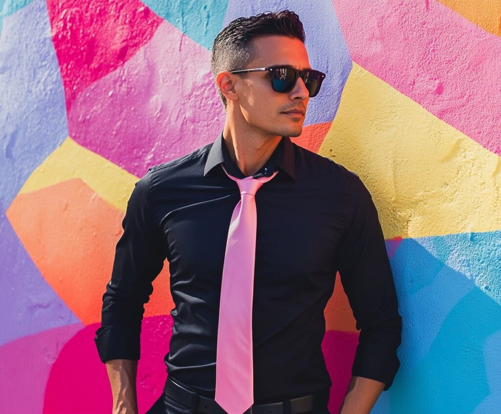 Man in a black shirt and pink tie against a colorful street art backdrop.