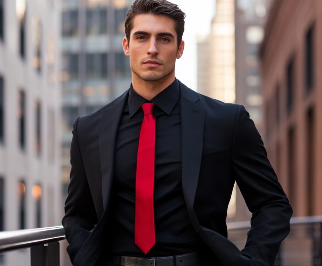 Man in a black suit and black shirt with red tie in an urban setting.