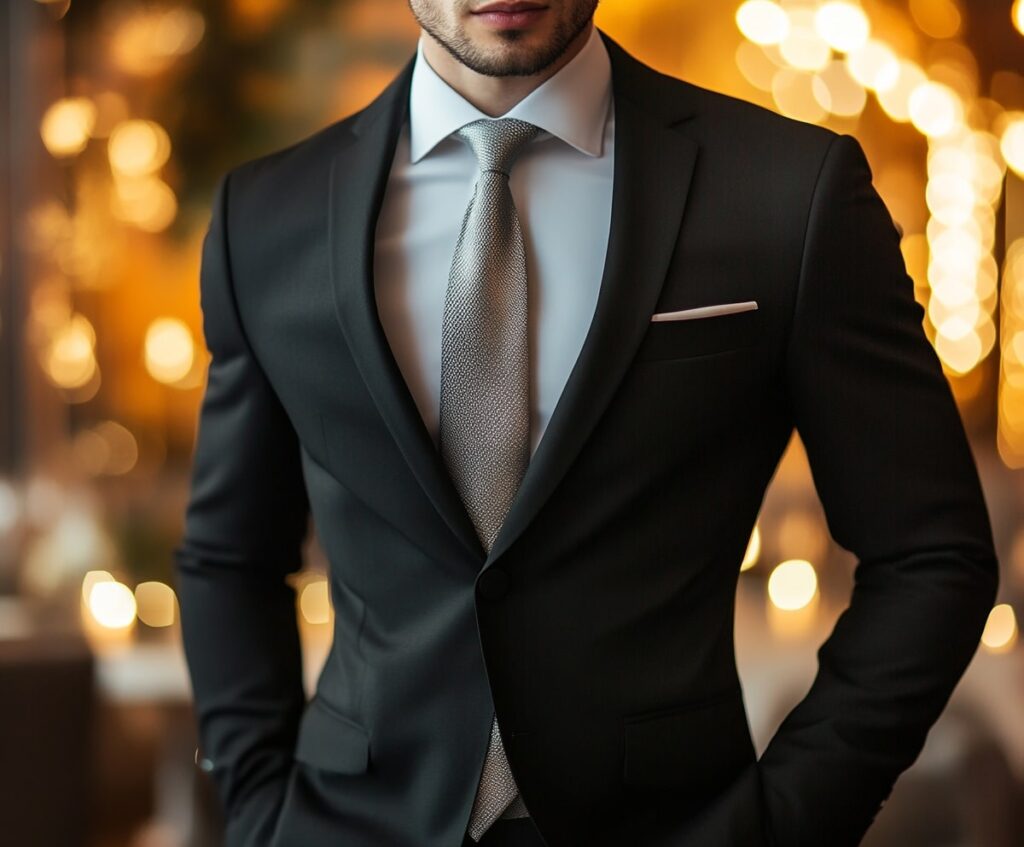 Man in black suit and white dress shirt with silver tie at a formal event.