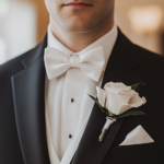 Close-up of tuxedo styling with pocket square, cufflinks, and bow tie.