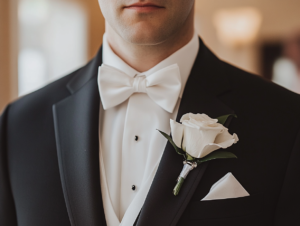 Close-up of tuxedo styling with pocket square, cufflinks, and bow tie.