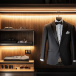 Tuxedo and suit hanging in a wardrobe with accessories for care