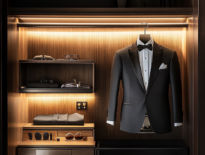 Tuxedo and suit hanging in a wardrobe with accessories for care