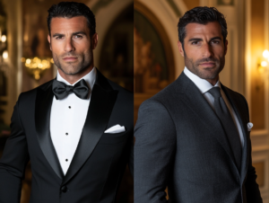 Man in tuxedo next to a man in a suit at a formal event.